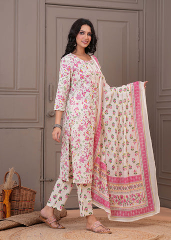 Floral Printed  Straight Kurta with Pant & Pure Cotton Dupatta - Off White