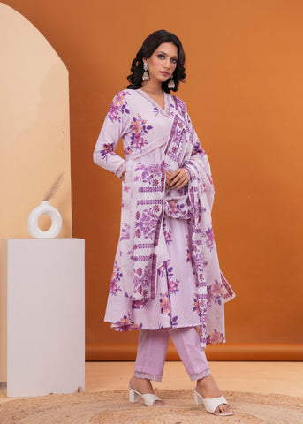 Lavender Floral Printed  A-Line Cotton Suit - Set of 3