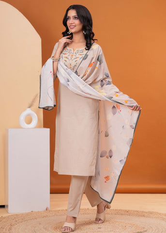 Solid Floral Embroidered Straight Kurta with Pant & Printed Dupatta - Taupe