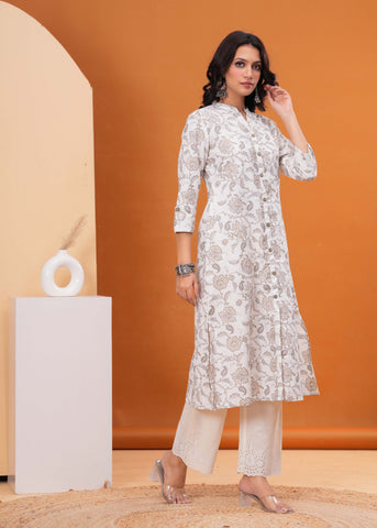 Ethnic Floral Printed A-Line Flared Cotton Flax Kurta - Off White