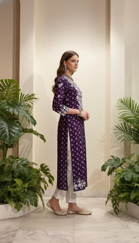 Bandhani Printed & Chikankari Embroidered Straight Fit Kurta - Purple