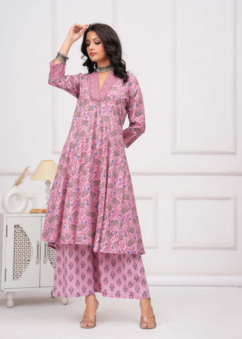 Pink Floral Printed A-Line Kurta with Palazzo - Set of 2
