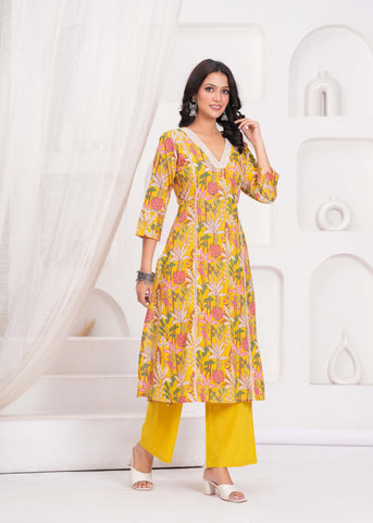 Yellow Floral Printed A-Line Kurta with Palazzo - Set of 2