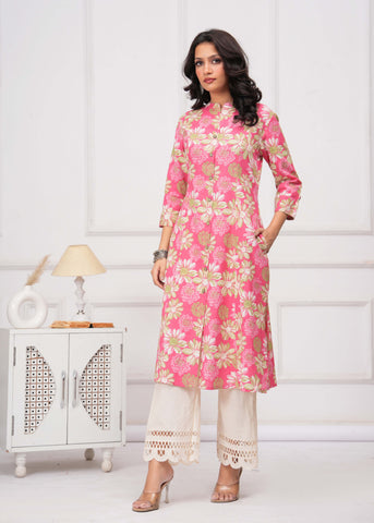 Abstract Floral Printed A-Line Paneled Cotton Flax Kurta - Pink
