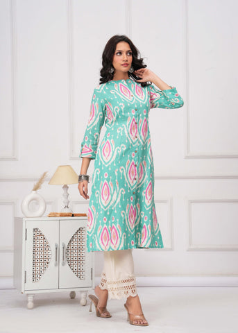 Ikat Printed A-Line Flared Cotton Flax Kurta - Turquoise Blue
