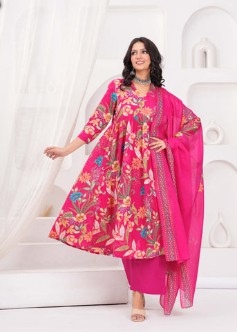Pink Floral Printed  A-Line Cotton Suit  - Set of 3