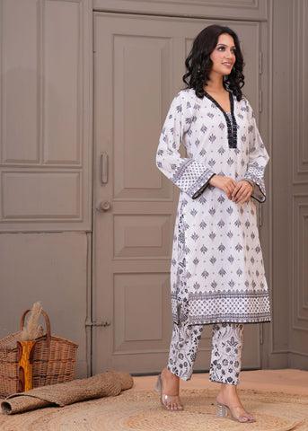 White Ethnic Floral Printed Straight Kurta with Pant - Set of 2