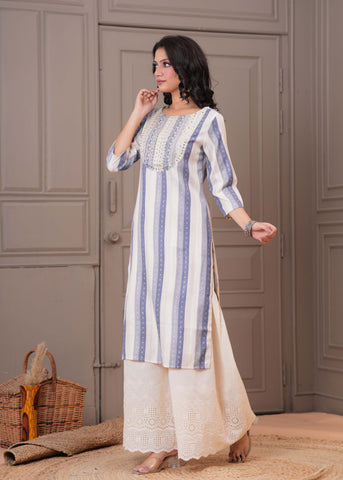 Ethnic Stripes Woven & Sequin Embroidered Straight Fit Kurta
