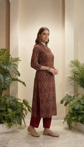 Ajrakh Printed & Embroidered Straight Fit Kurta with Pant - Maroon