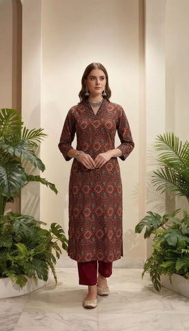 Ajrakh Printed & Embroidered Straight Fit Kurta with Pant - Maroon