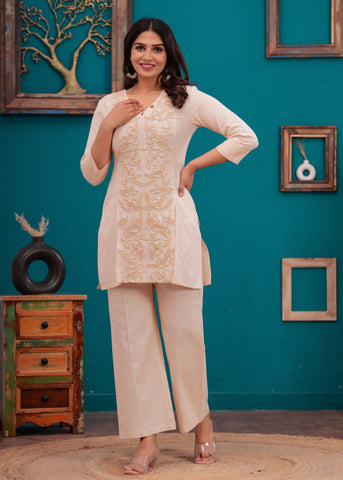 Cream  Floral Cord Work Embroidered  Co-ord Set - Set of 2