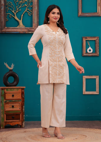 Cream  Floral Cord Work Embroidered  Co-ord Set - Set of 2