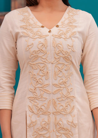 Cream  Floral Cord Work Embroidered  Co-ord Set - Set of 2
