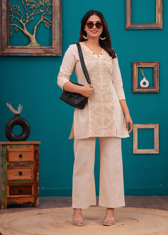 Cream  Floral Cord Work Embroidered  Co-ord Set - Set of 2