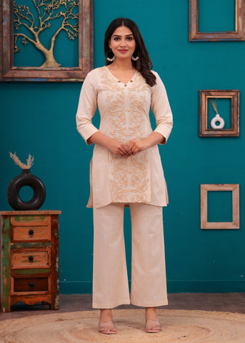 Cream  Floral Cord Work Embroidered  Co-ord Set - Set of 2