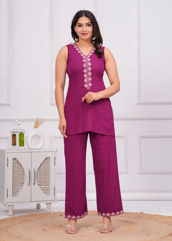 Wine Embroidered Short Kurta with Palazzo & Jacket - Set of 3