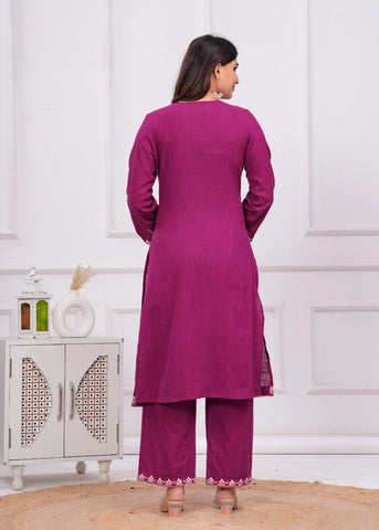 Wine Embroidered Short Kurta with Palazzo & Jacket - Set of 3