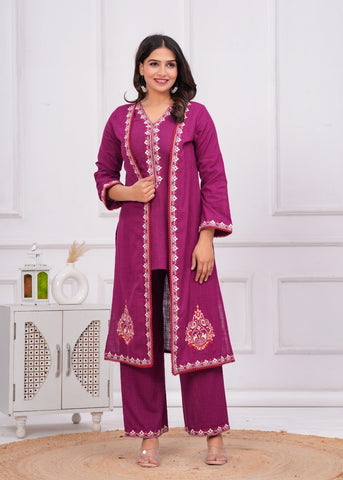 Wine Embroidered Short Kurta with Palazzo & Jacket - Set of 3