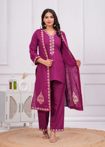 Wine Embroidered Short Kurta with Palazzo & Jacket - Set of 3