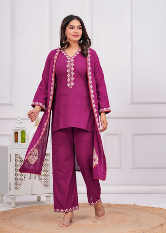 Wine Embroidered Short Kurta with Palazzo & Jacket - Set of 3