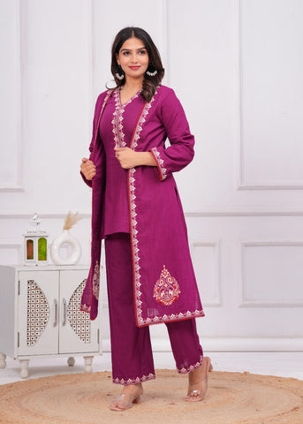 Wine Embroidered Short Kurta with Palazzo & Jacket - Set of 3
