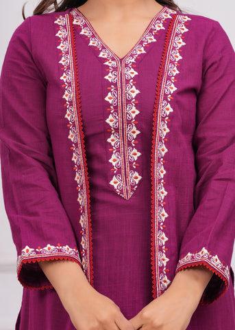 Wine Embroidered Short Kurta with Palazzo & Jacket - Set of 3