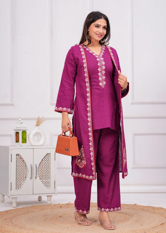 Wine Embroidered Short Kurta with Palazzo & Jacket - Set of 3