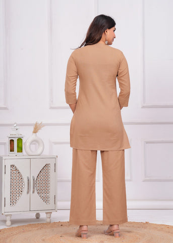 Beige  Floral Cord Work Embroidered  Co-ord Set - Set of 2