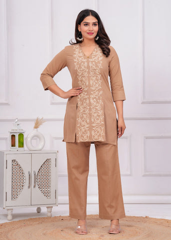 Beige  Floral Cord Work Embroidered  Co-ord Set - Set of 2