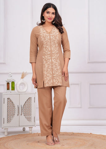 Beige  Floral Cord Work Embroidered  Co-ord Set - Set of 2