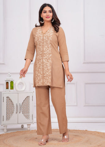 Beige  Floral Cord Work Embroidered  Co-ord Set - Set of 2