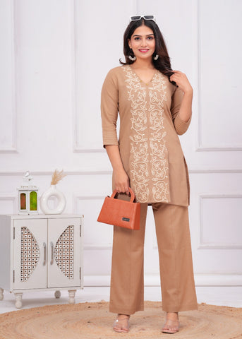 Beige  Floral Cord Work Embroidered  Co-ord Set - Set of 2