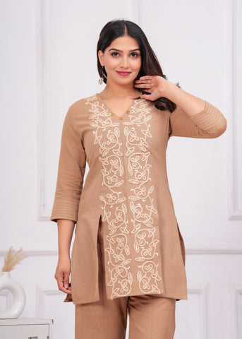 Beige  Floral Cord Work Embroidered  Co-ord Set - Set of 2