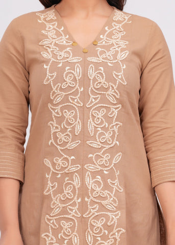 Beige  Floral Cord Work Embroidered  Co-ord Set - Set of 2
