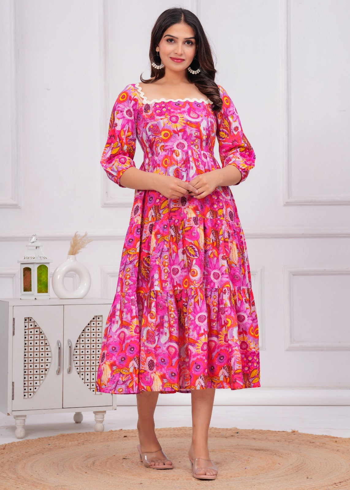 Pink Abstract Floral Printed Tiered Flared Maxi Dress