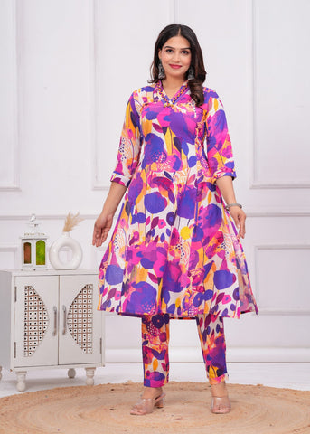 Multi Abstract Floral Printed A-Line Co-ord Set - Set of 2