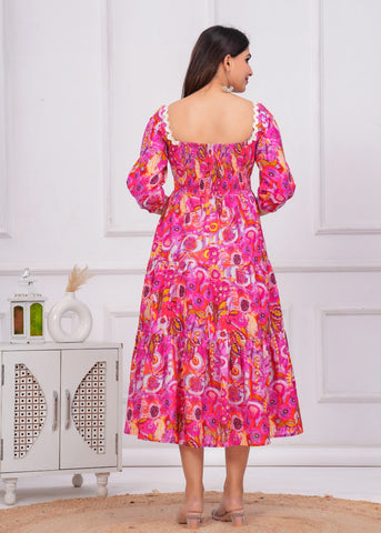 Pink Abstract Floral Printed Tiered Flared Maxi Dress