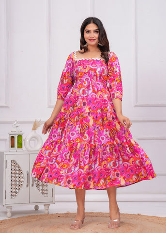 Pink Abstract Floral Printed Tiered Flared Maxi Dress
