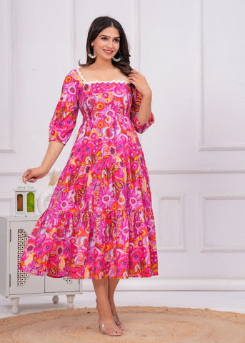 Pink Abstract Floral Printed Tiered Flared Maxi Dress