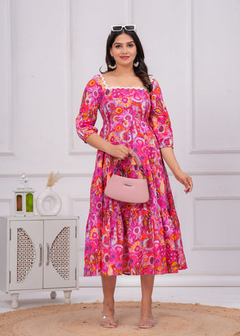 Pink Abstract Floral Printed Tiered Flared Maxi Dress