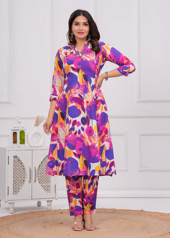 Multi Abstract Floral Printed A-Line Co-ord Set - Set of 2