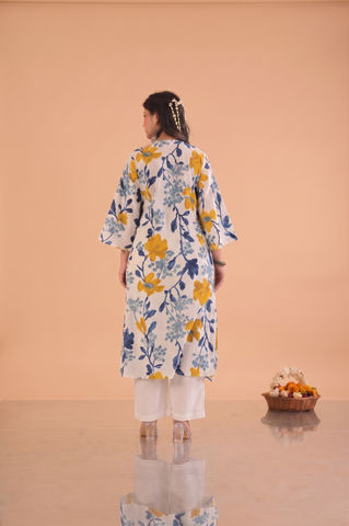 Floral Printed  A-Line Kurta with Palazzo & Pure Cotton Dupatta - White