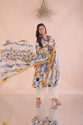 Floral Printed  A-Line Kurta with Palazzo & Pure Cotton Dupatta - White