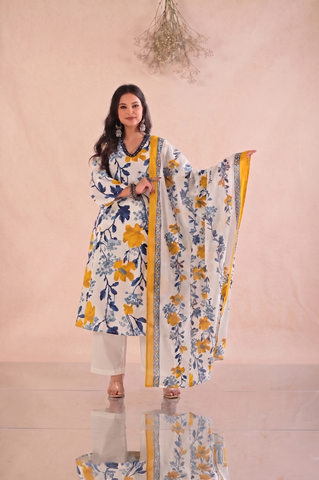 Floral Printed  A-Line Kurta with Palazzo & Pure Cotton Dupatta - White