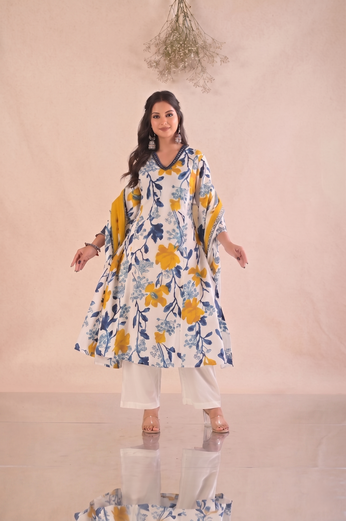 Floral Printed  A-Line Kurta with Palazzo & Pure Cotton Dupatta - White