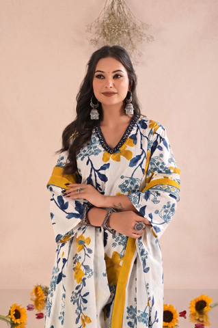 Floral Printed  A-Line Kurta with Palazzo & Pure Cotton Dupatta - White