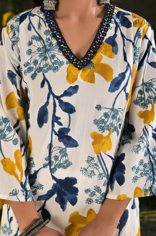 Floral Printed  A-Line Kurta with Palazzo & Pure Cotton Dupatta - White