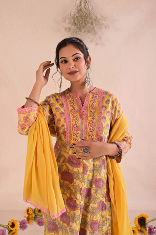 Floral Block Print Anarkali Cotton Suit Set - Yellow