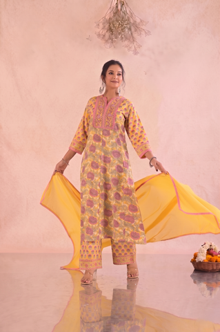 Floral Block Print Anarkali Cotton Suit Set - Yellow