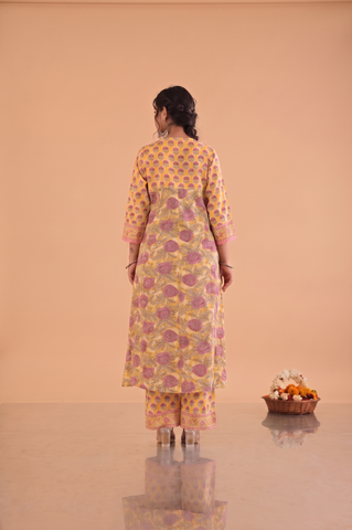 Floral Block Print Anarkali Cotton Suit Set - Yellow